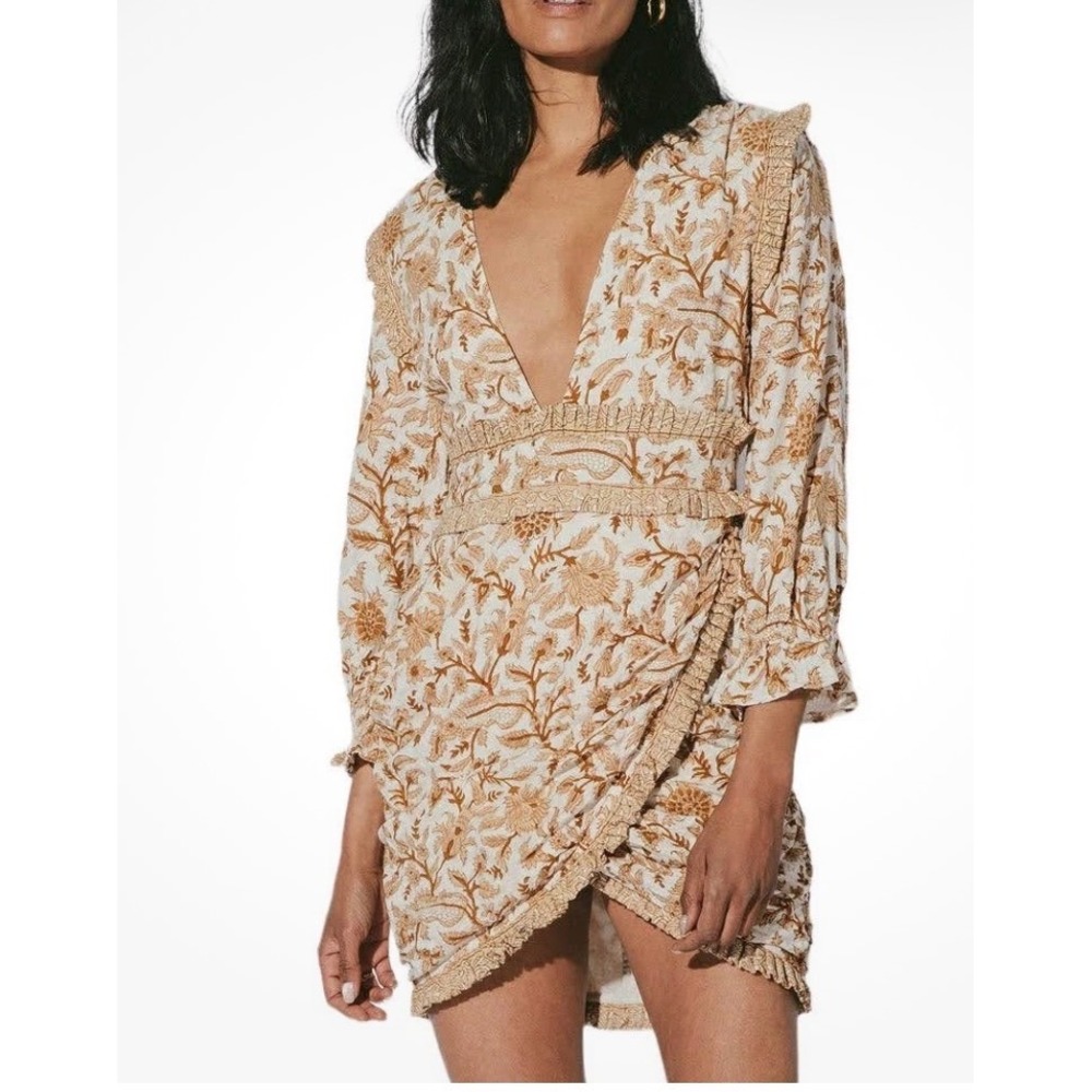 Cleobella Floral V-Neck Mini Dress Cream Tan‎ Ruffle Long Sleeve Boho Size M